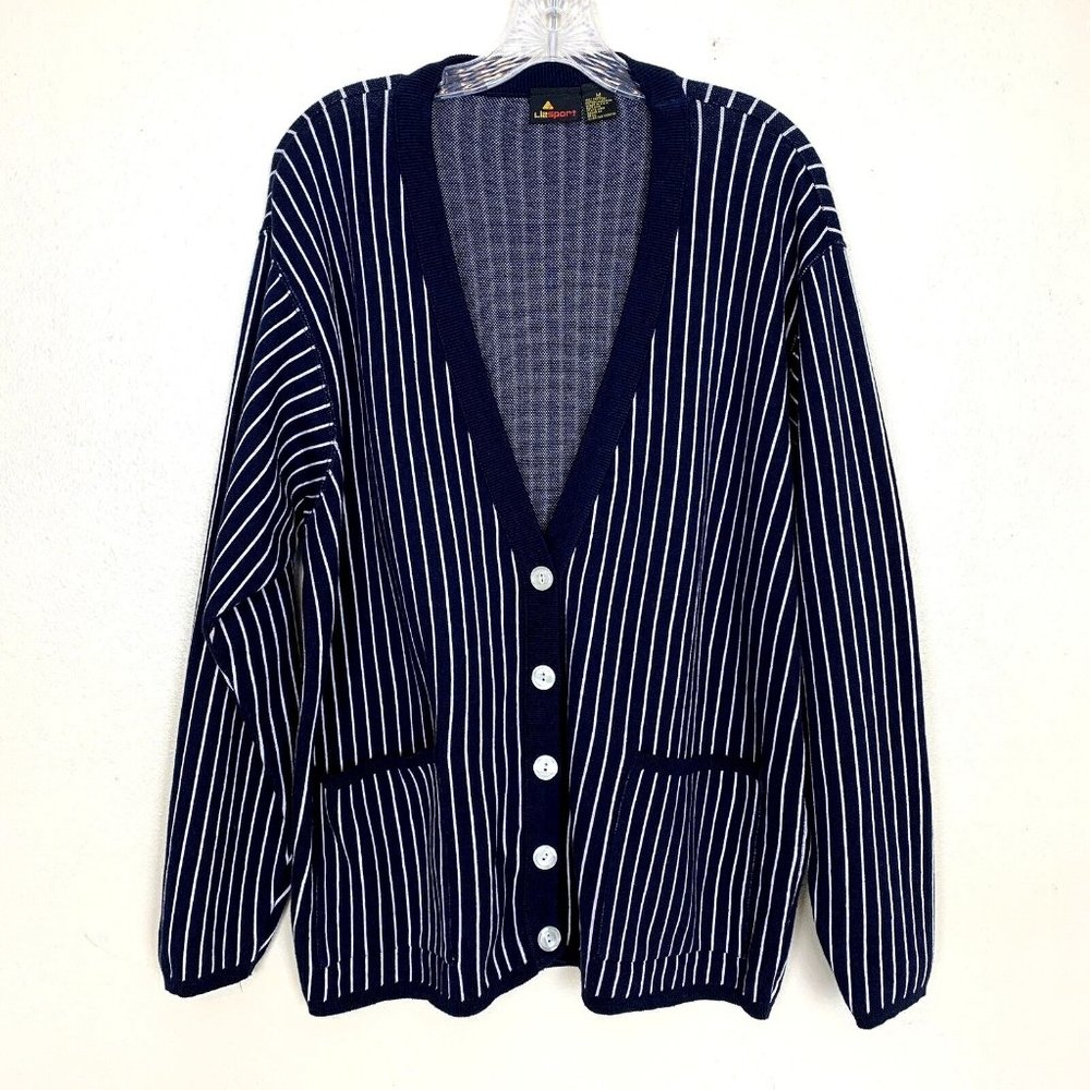 Oversized Boyfriend Cardigan Sweater Vintage Liz Claiborne Sport Navy Blue